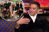 Josh Flagg sitting on "WWHL" and a small photo of the "Selling Sunset" cast