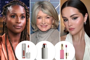 A split image of Issa Rae, Martha Stewart and Selena Gomez with insets of three blushes