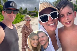 Heather Rae Young and Tarek El Moussa in Anguilla split with Young and Brayden with an inset of Christina and Josh Hall.