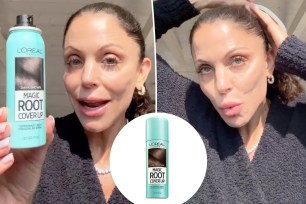 Bethenny Frankel with an inset of root cover-up spray