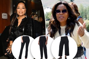 Two photos of Oprah with insets of three pants