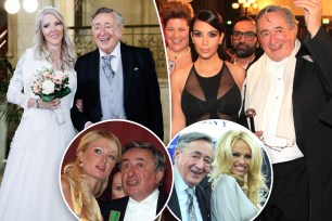 Richard Lugner with Simone Reiländer split with him and Kim Kardashian with insets of him with Paris Hilton and Pamela Anderson.