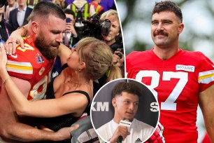 A split photo of Travis Kelce and Taylor Swift kissing and Travis Kelce walking and a small photo of Patrick Mahomes talking