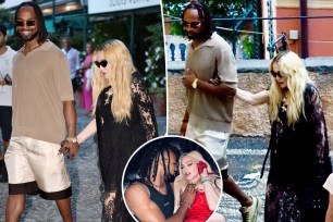 A split photo of Akeem Morris and Madonna holding hands and Akeem Morris and Madonna interlocking arms and a small photo of Akeem Morris and Madonna cuddling