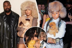 North West wearing Bianca Censori's fur hat while out in New York City with Kim Kardashian