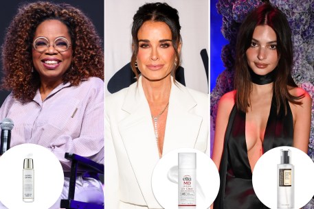 Oprah Kyle Richards and Emily Ratajkowski with insets of skincare