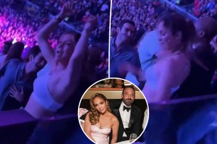 A split photo of Jennifer Lopez dancing at a concert and a small photo of Jennifer Lopez and Ben Affleck posing together