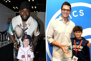 Tom Brady and David Ortiz with two fans split image.