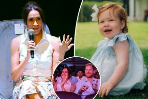 Meghan Markle split with Princess Lilibet with an inset of her and Prince Harry in Colombia.