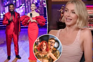 A split photo of Alfonso Ribeiro and Julianne Hough hosting "DWTS" and Julianne Hough sitting and a small photo of Bobby Bones and Sharna Burgess dancing on "DWTS"