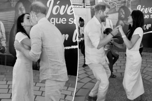 Meghan Markle and Prince Harry salsa dancing at the Jóvenes en Cali youth center in Colombia on Aug. 19, 2024.