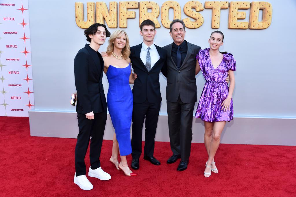 Jerry Seinfeld, Jessica Seinfeld and kids at April 2024 "Unfrosted" premiere